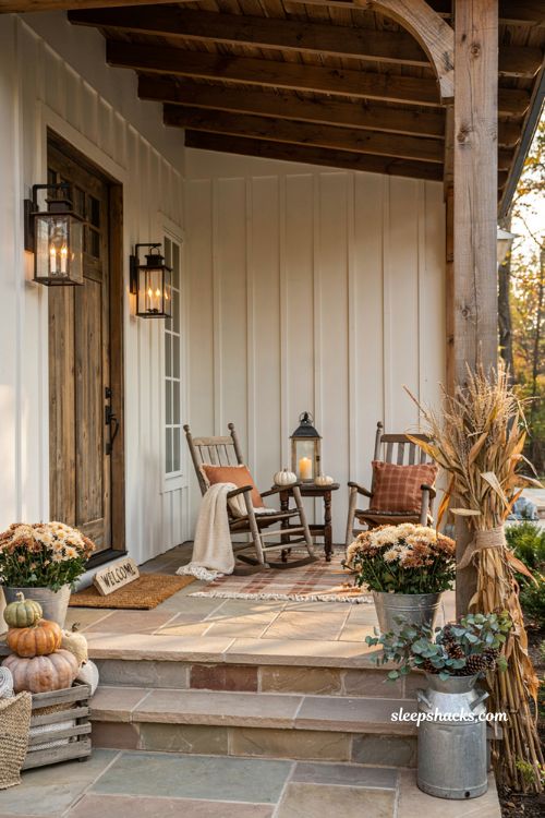 Cozy fall front porch decor ideas with rocking chairs and farmhouse autumn charm