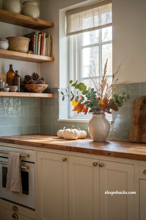 Cozy fall kitchen decor ideas with eucalyptus stems maple branches and farmhouse styling