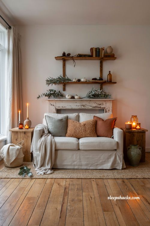 Cozy fall living room decor ideas with candles side tables and farmhouse warmth