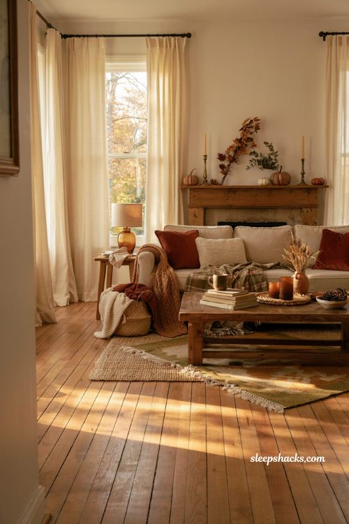 Cozy fall living room ideas with warm textures candlelight and golden autumn decor