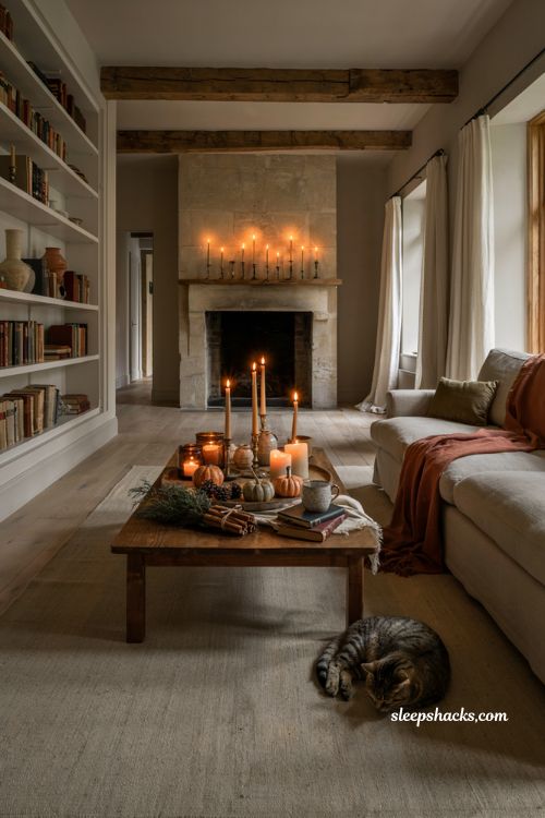 Cozy fall living room with layered candles and warm autumn centerpiece decor