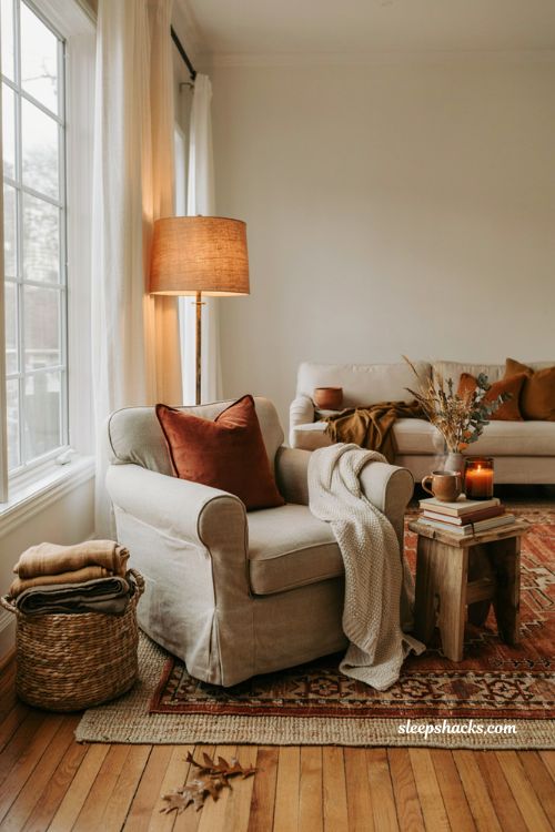 Cozy fall reading corner ideas with warm lighting blankets and books