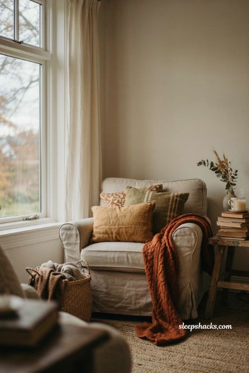Cozy fall reading nook by a window with chunky knit throw mismatched pillows and tea table