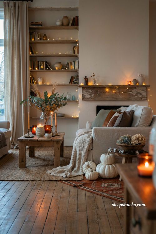Cozy fall room decor ideas with fairy lights candles and warm farmhouse ambiance