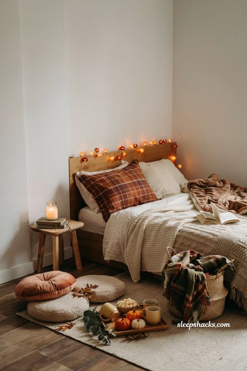 Cozy fall sleepover room decor with plaid pillows and amber lights 