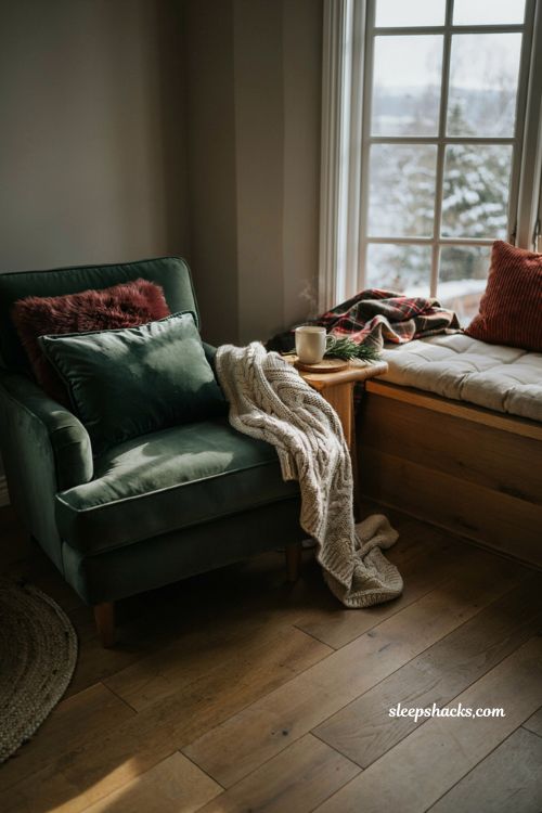Cozy layered winter textiles with chunky knit throws and velvet pillows for a warm christmas living room nook