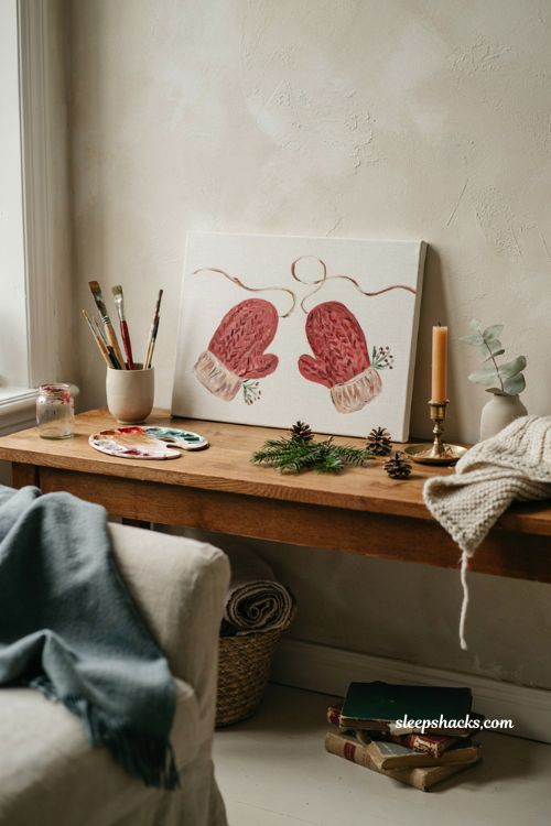 Cozy mitten Christmas painting on canvas with knit texture for beginners