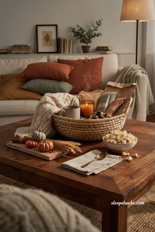 Cozy night in boo basket ideas with blanket candle mug hot cocoa and fall treats
