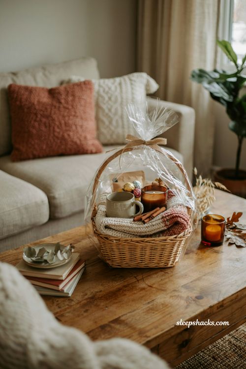 Cozy night in gift basket with blanket mug candle and hot cocoa for fall