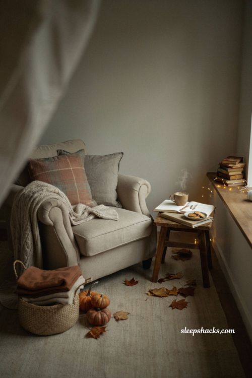 Cozy reading and journaling corner for a relaxing fall sleepover 