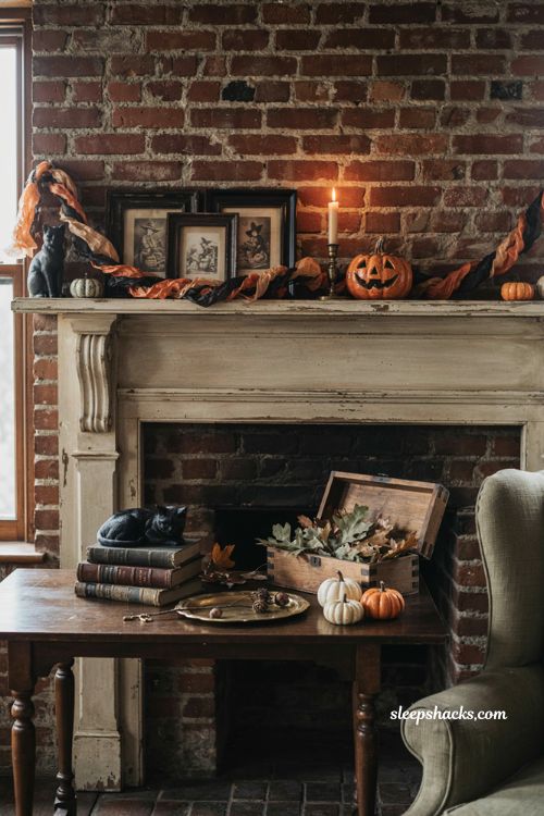 Cozy vintage Halloween decor with antique postcards black cats pumpkins and farmhouse accents 