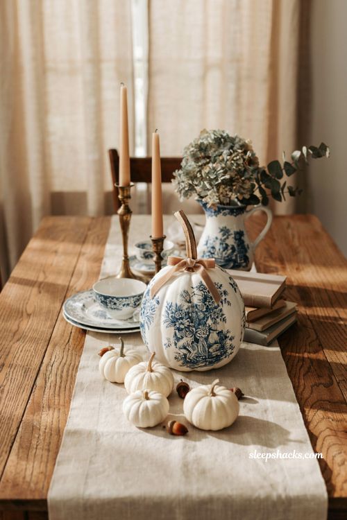 Craft pumpkin ideas with blue and white transferware decoupage pumpkin for vintage fall decor