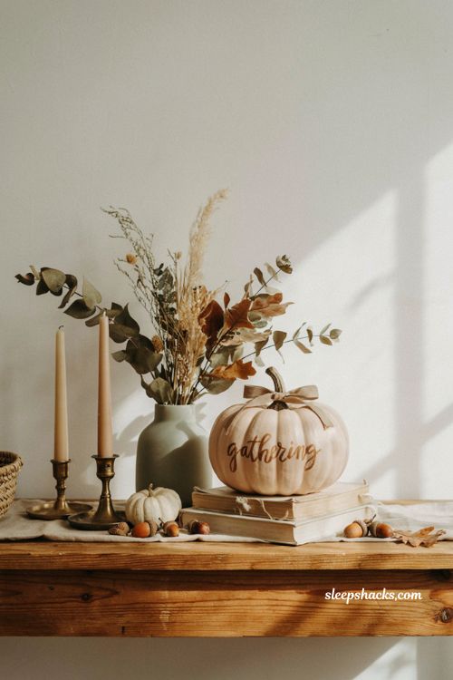 Craft pumpkin ideas with elegant hand painted faux pumpkin on modern farmhouse console table