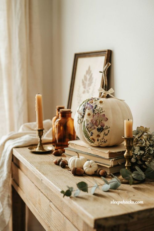 Craft pumpkin ideas with elegant pressed flower pumpkin for vintage botanical fall decor