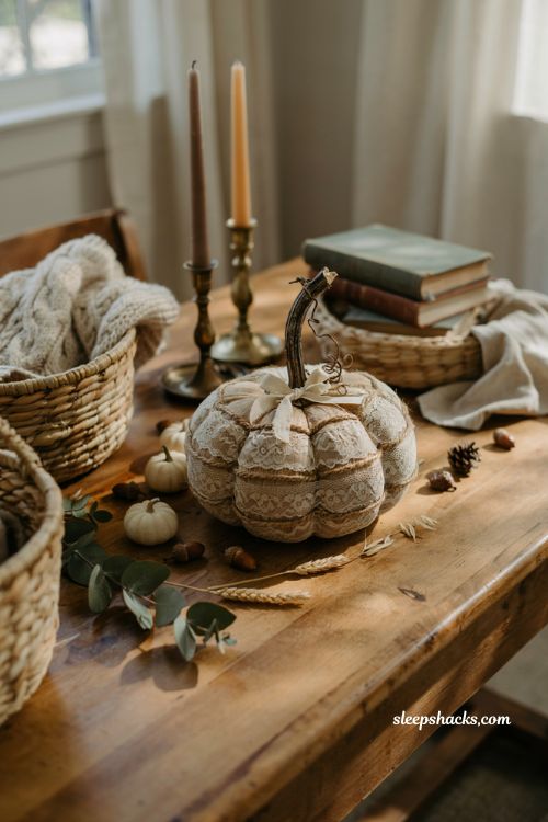 Craft pumpkin ideas with lace and jute rope texture pumpkin for cozy farmhouse fall decor