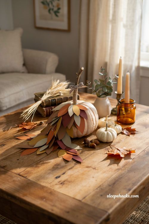 Craft pumpkin ideas with layered paper leaf pumpkin on a cozy farmhouse fall table