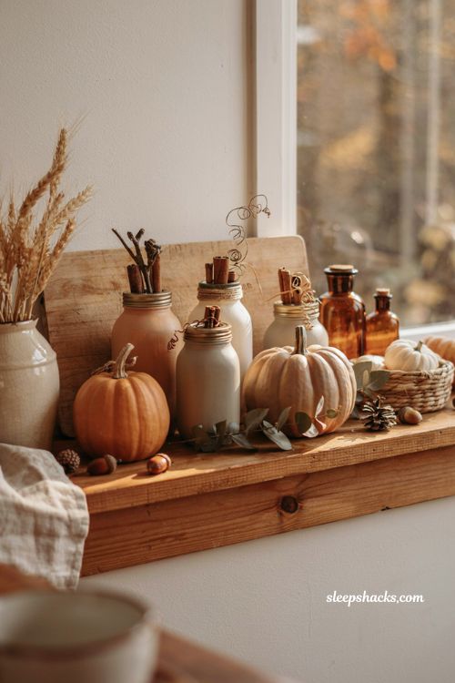 Craft pumpkin ideas with painted mason jar pumpkins for cozy farmhouse kitchen fall decor