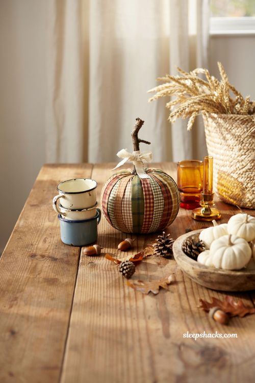 Craft pumpkin ideas with plaid fabric tape pumpkin for cozy farmhouse fall decor