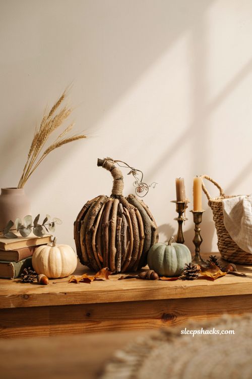 Craft pumpkin ideas with rustic wood twig pumpkins for natural farmhouse fall decor