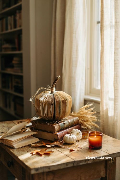 Craft pumpkin ideas with vintage book page pumpkin on stacked antique books
