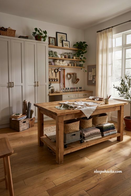 Craft room ideas with central work table island and organized creative storage