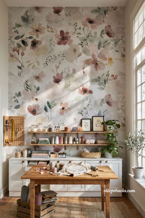 Craft room ideas with colorful removable wallpaper accent wall and organized workspace