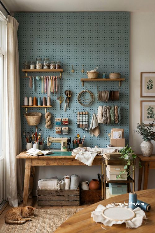 Craft room ideas with giant pegboard wall and organized craft tool storage