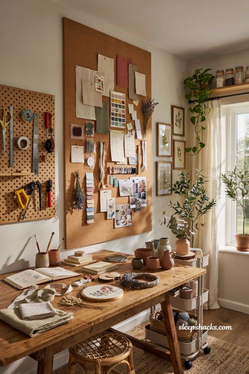 Craft room ideas with inspirational mood board wall and organized creative workspace