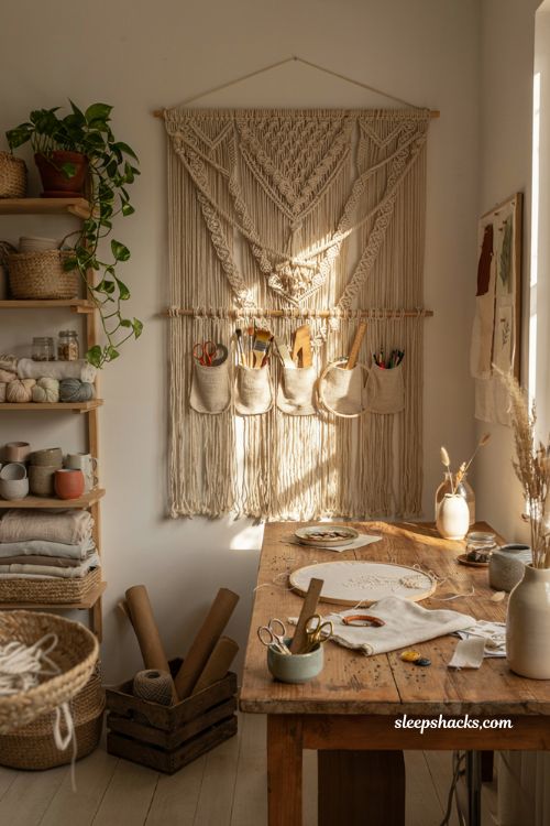 Craft room ideas with macrame wall organizer and natural creative storage