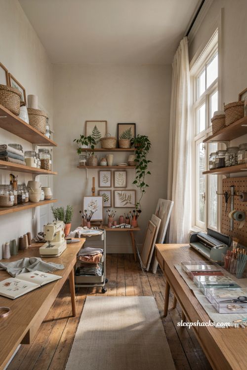Craft room ideas with multiple crafting stations and organized hobby workspace