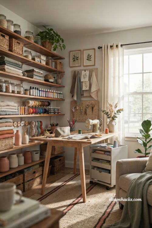 Craft room ideas with organized farmhouse craft workspace and smart storage solutions