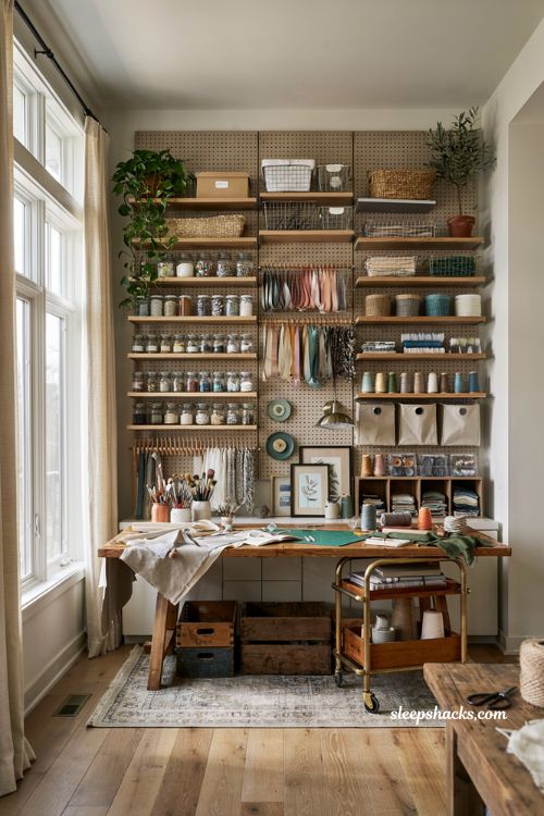 Craft room ideas with vertical wall storage and organized craft supplies