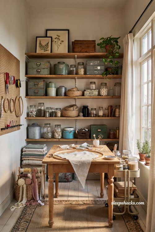 Craft room ideas with vintage labeled storage and organized farmhouse workspace