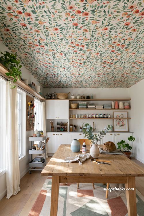 Craft room ideas with wallpapered ceiling and colorful creative workspace
