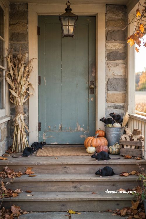 Crawling rats along the front door with pumpkins for farmhouse Halloween decor 
