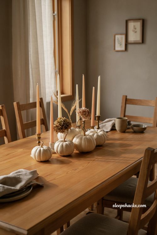 Cream taper candles and white pumpkins creating a warm elegant fall table centerpiece 