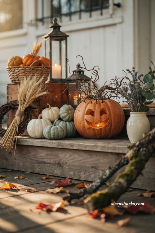 Create a photorealistic editorial interior photograph featuring a slightly angled eye-level close-up of a whimsical Halloween pumpkin displayed on a cozy rustic front porch, showcasing a simple handcrafted face with expressive glowing eyes, a playful crooked smile, and a dramatic head of wild twig hair created by inserting naturally twisted branches into small drilled holes along the top and sides of the pumpkin. The gnarled twigs curve and spread organically in every direction, adding remarkable texture, height, and personality while creating the charming appearance of an untamed woodland witch or forest spirit. The pumpkin rests naturally on weathered wooden porch steps surrounded by white heirloom pumpkins, muted green gourds, woven harvest baskets, rustic wooden crates, antique black lanterns with warm candlelight, dried wheat bundles, grapevine wreaths, scattered amber and burgundy maple leaves, moss-covered branches, vintage ceramic crocks, and subtle woodland accents that feel thoughtfully collected over many autumn seasons. The setting embraces timeless farmhouse style with enchanting cottage and woodland influences, celebrating natural materials and handcrafted seasonal décor. The color palette blends rich pumpkin orange, weathered brown, muted sage, creamy ivory, warm caramel, natural oak, antique bronze, charcoal accents, and soft autumn earth tones. Gentle golden-hour sunlight softly washes across every surface while the warm candlelight inside the pumpkin glows through the carved facial features, highlighting the twisted texture of the branches, realistic pumpkin skin, weathered wood grain, woven baskets, dried botanicals, and crisp fallen leaves with exceptional clarity. The atmosphere feels magical, cozy, and delightfully quirky, evoking the playful charm of classic autumn folklore where soft seasonal colors instantly create warmth, old natural textures add depth and authenticity, and simple handcrafted details transform an ordinary pumpkin into a memorable woodland-inspired Halloween centerpiece. No people, no text, no watermarks, no blur, no bokeh, all surfaces in sharp focus, photorealistic, ultra-realistic, 4K resolution, editorial interior photography, Pinterest-worthy.