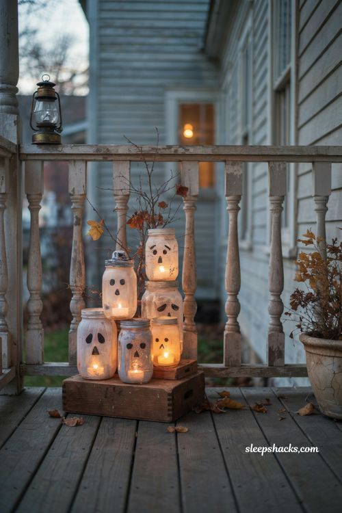 Creepy Halloween decorations with DIY ghost mason jar lanterns and glowing tea lights 