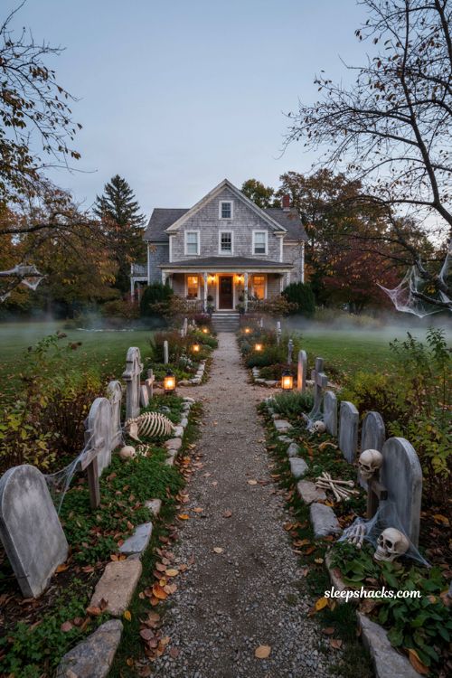 Creepy Halloween decorations with backyard graveyard tombstones bones and fog 