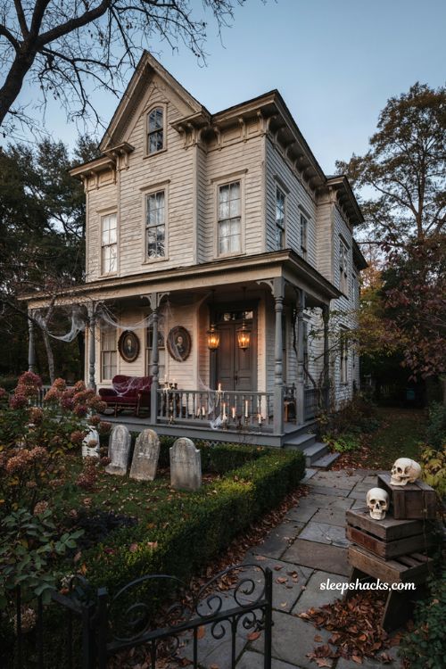 Creepy Halloween decorations with cohesive Victorian haunted house theme for the front yard 