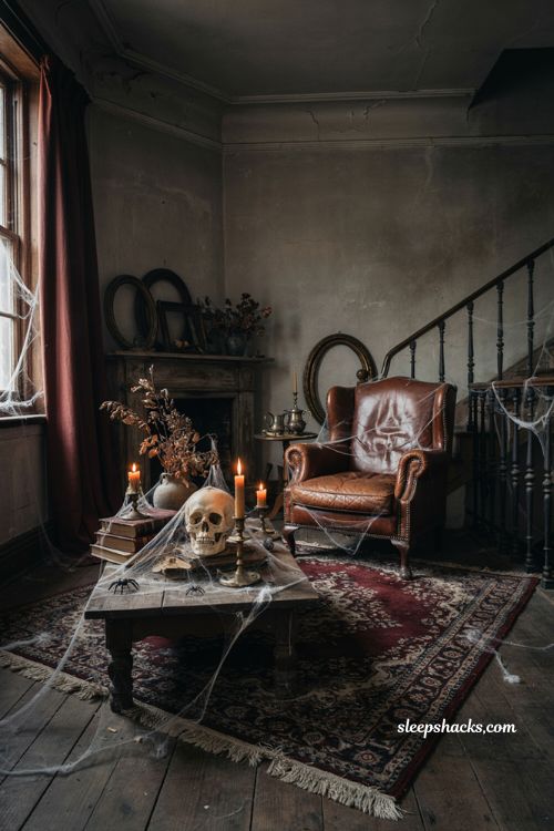 Creepy Halloween decorations with fake cobwebs spiders and skull centerpiece 