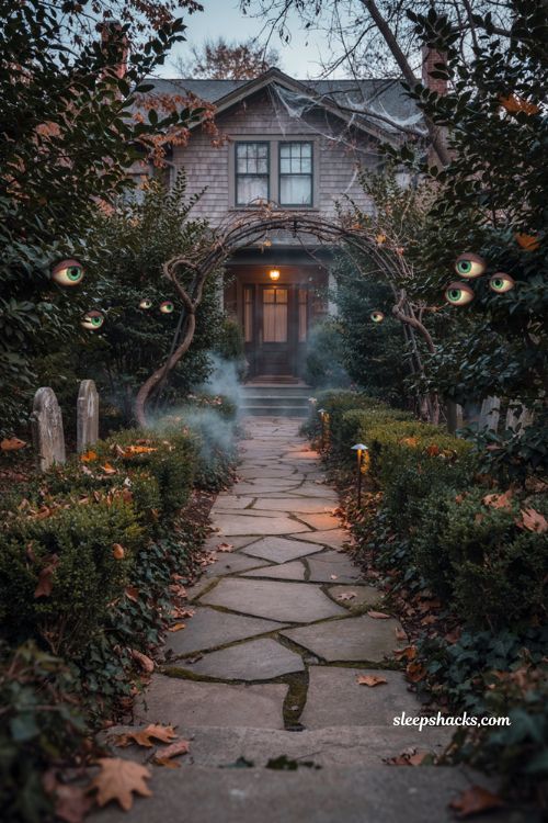 Creepy Halloween decorations with glowing eyes hidden in bushes along a spooky walkway
