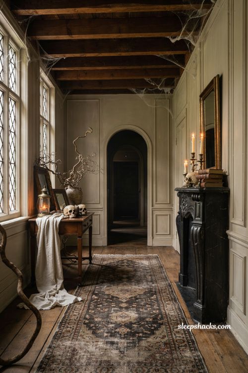Creepy Halloween decorations with vintage haunted house entryway decor 