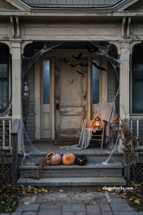 Creepy Halloween entryway decorations with hanging bats cobwebs and haunted porch decor 