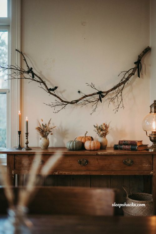 Creepy branch garland Halloween decor for cozy living room sideboard