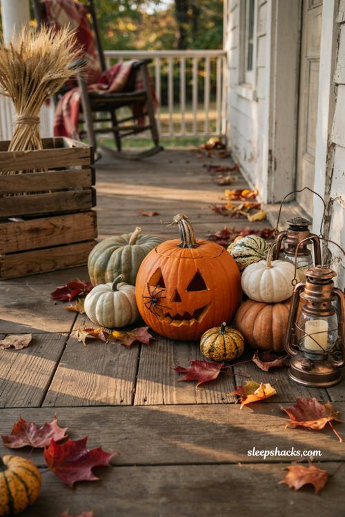 Creepy crawly spider pumpkin carving idea with classic jack o lantern on a cozy fall porch