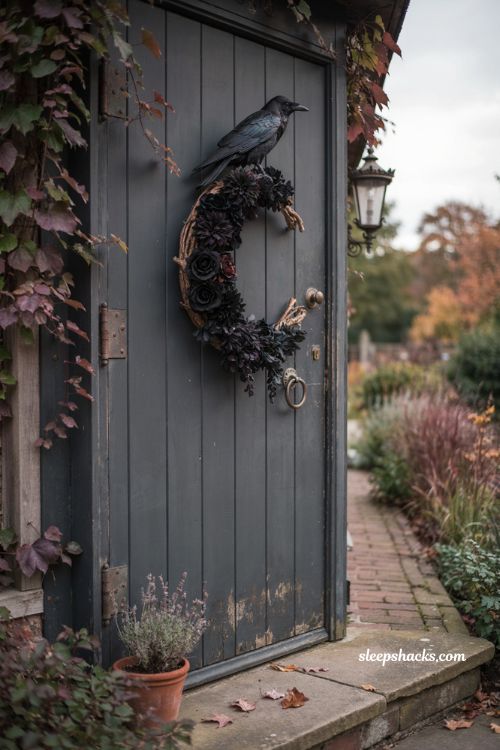 Crescent moon raven wreath black flowers gothic Halloween front door decor