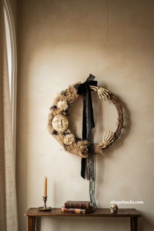 Crescent moon wreath with skeleton hands dried flowers burlap and gothic Halloween decor