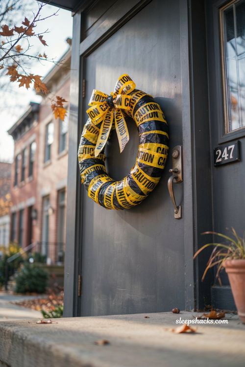 Crime scene caution tape wreath easy Halloween front door decor