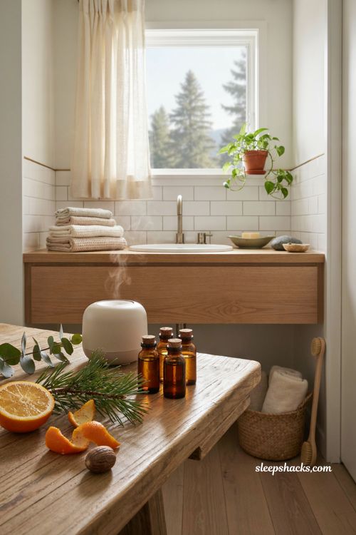 Crisp air fall diffuser blend with eucalyptus pine orange nutmeg and fresh bathroom decor